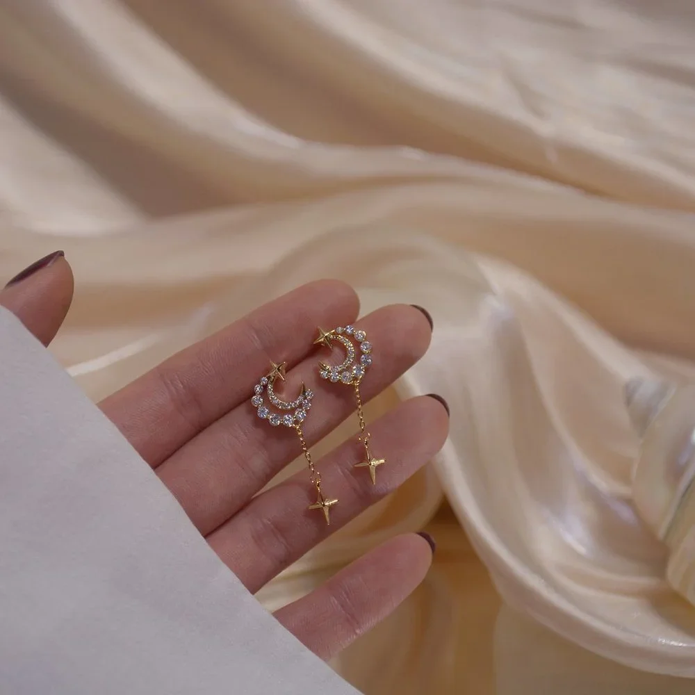 NEW 14K Gold Plated Diamond Moon Star Earrings d - Picture 7 of 8